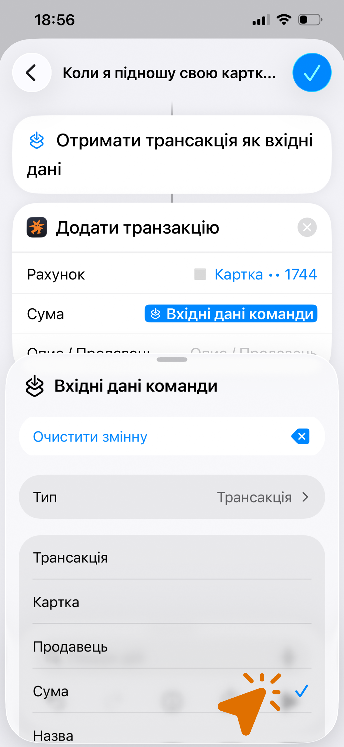 Меню вибору типу змінної — обрати «Сума» (Amount)